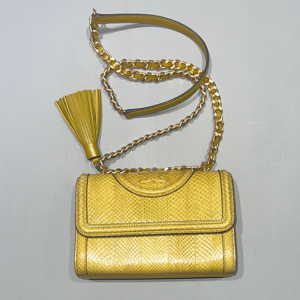 Tory Burch Small Fleming Dark Yellow Leather Chain Strap Crossbody Bag